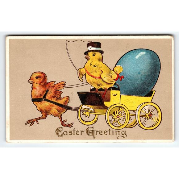 Vintage Easter Fantasy Postcard Top Hat Chick Pulling Cart with Blue Egg Buggy - Picture 1 of 2